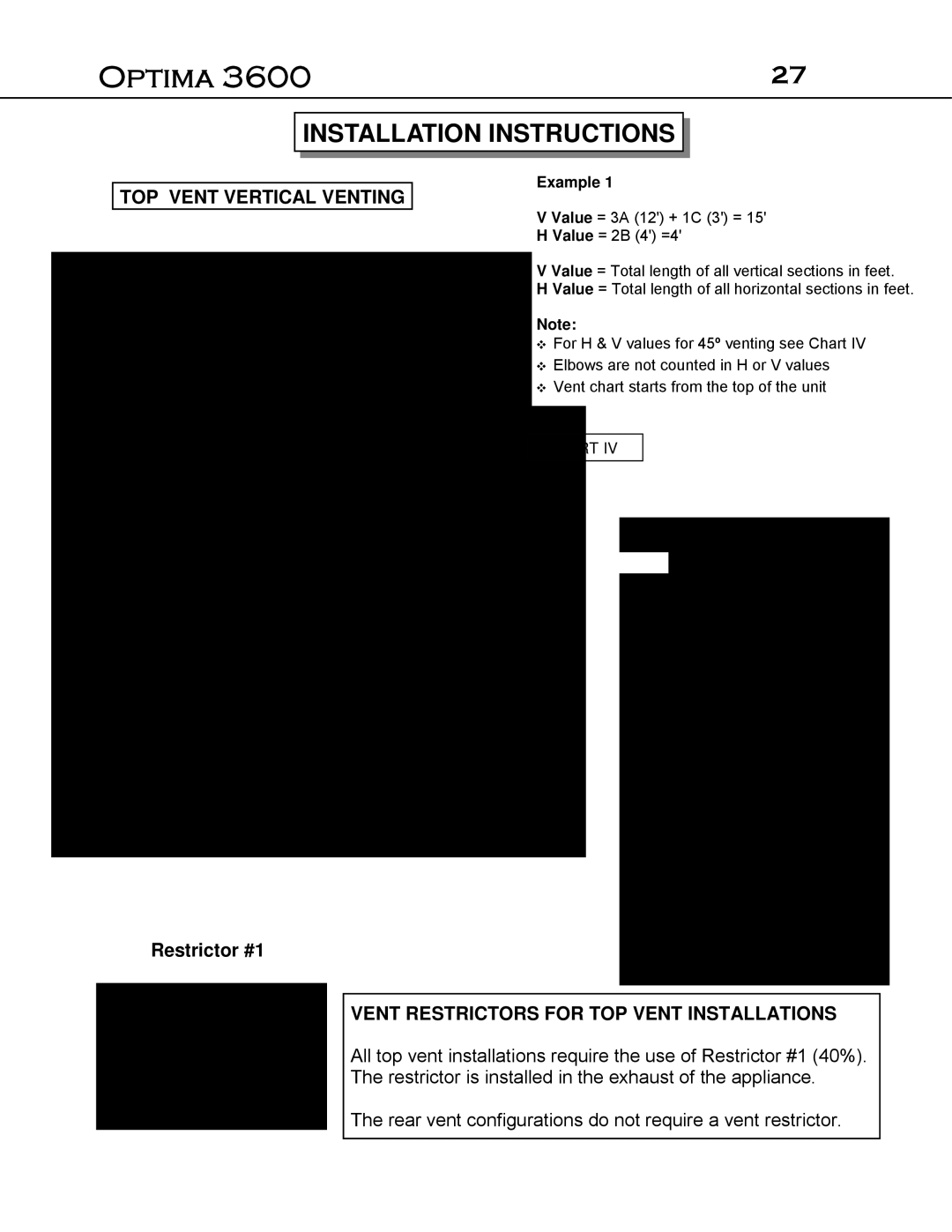 Optima Company Optima 3600O manual TOP Vent Vertical Venting, Vent Restrictors for TOP Vent Installations 