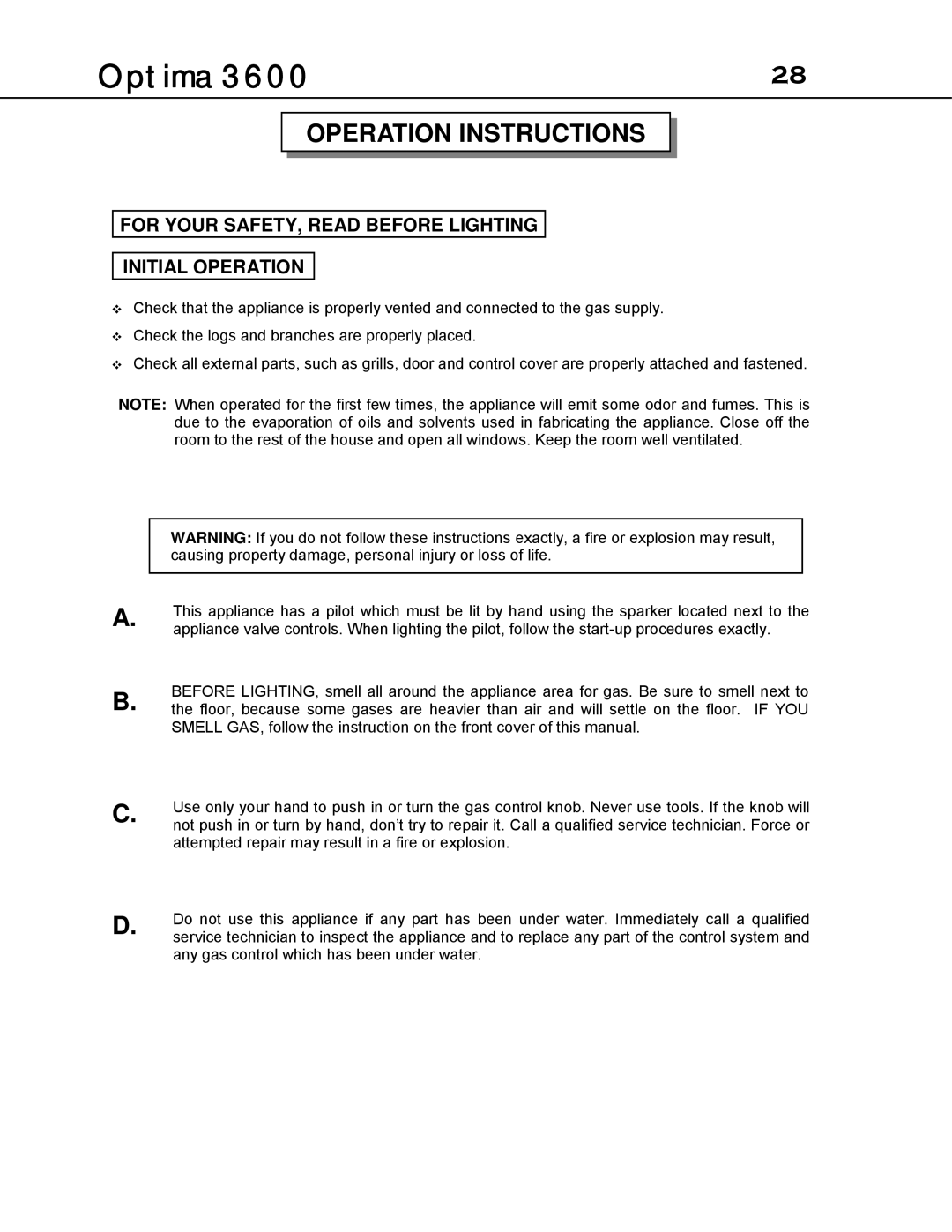 Optima Company Optima 3600O manual Operation Instructions, For Your SAFETY, Read Before Lighting Initial Operation 