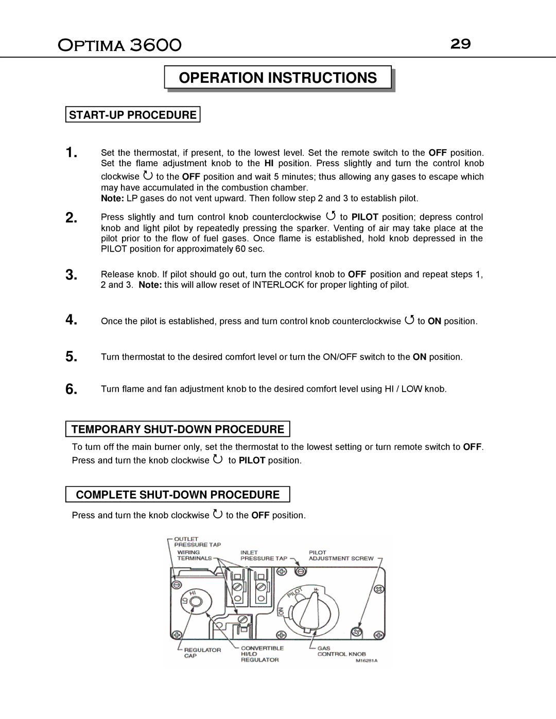 Optima Company Optima 3600O manual START-UP Procedure, Temporary SHUT-DOWN Procedure, Complete SHUT-DOWN Procedure 