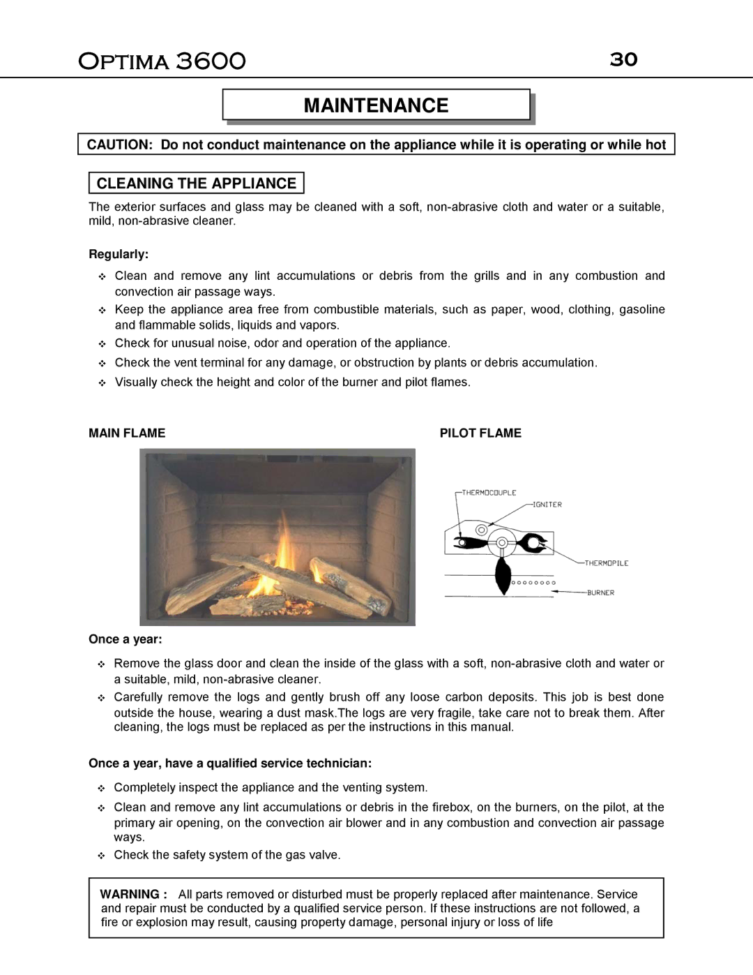 Optima Company Optima 3600O manual Maintenance, Cleaning the Appliance 