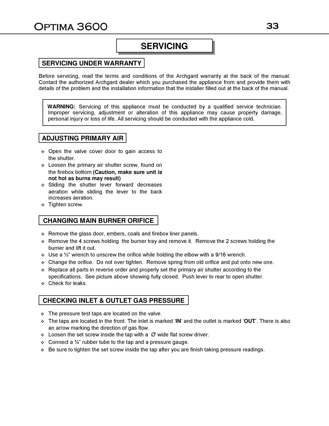 Optima Company Optima 3600O manual Servicing Under Warranty, Adjusting Primary AIR, Changing Main Burner Orifice 