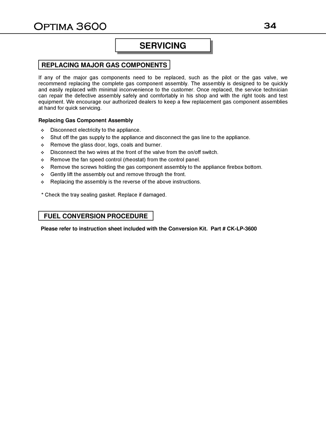 Optima Company Optima 3600O manual Replacing Major GAS Components, Fuel Conversion Procedure 