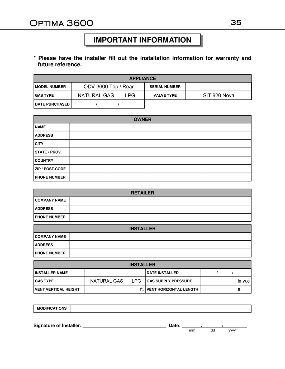 Optima Company Optima 3600O manual Important Information, Natural GAS LPG 