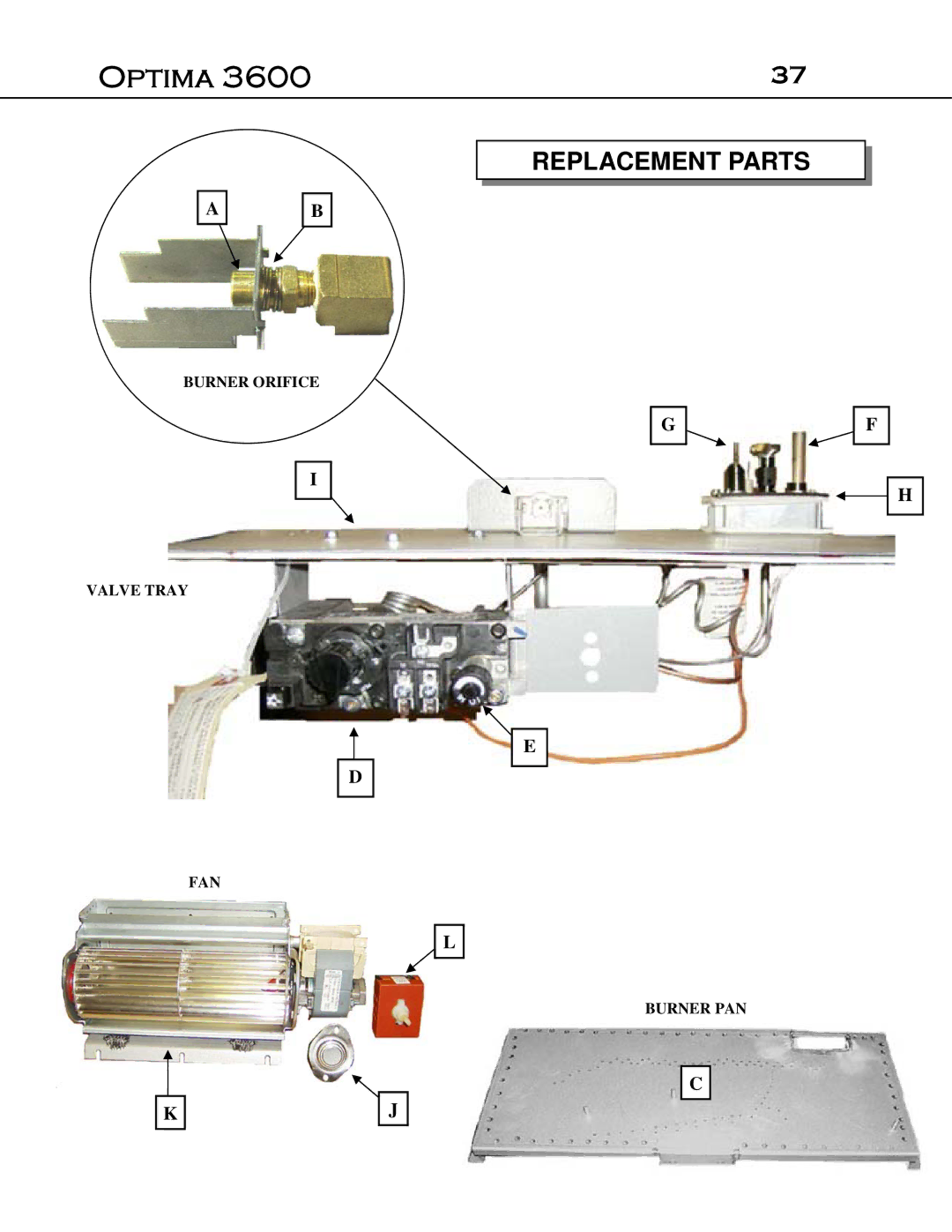 Optima Company Optima 3600O manual Burner Orifice Valve Tray FAN Burner PAN 
