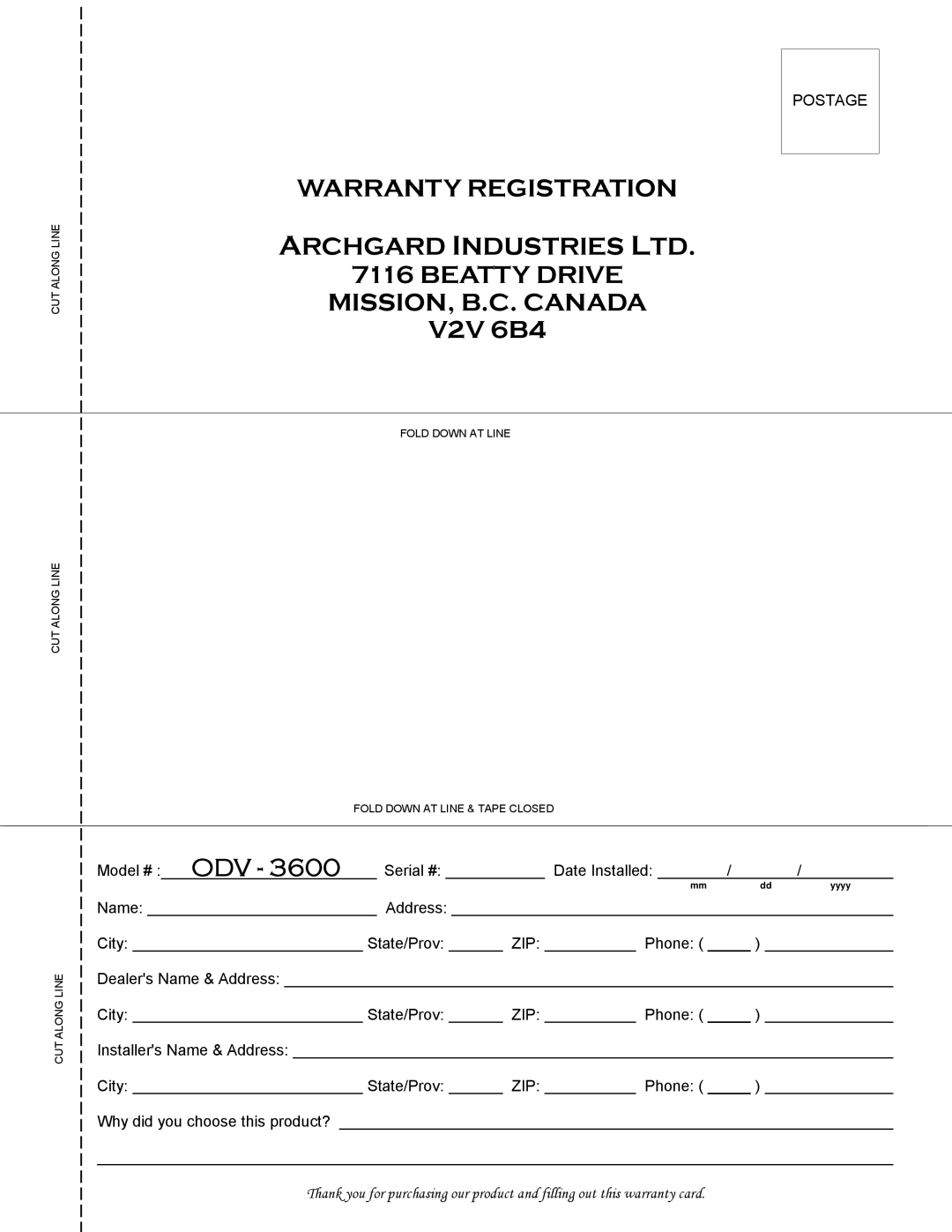 Optima Company Optima 3600O manual Warranty Registration Beatty Drive MISSION, B.C. Canada 