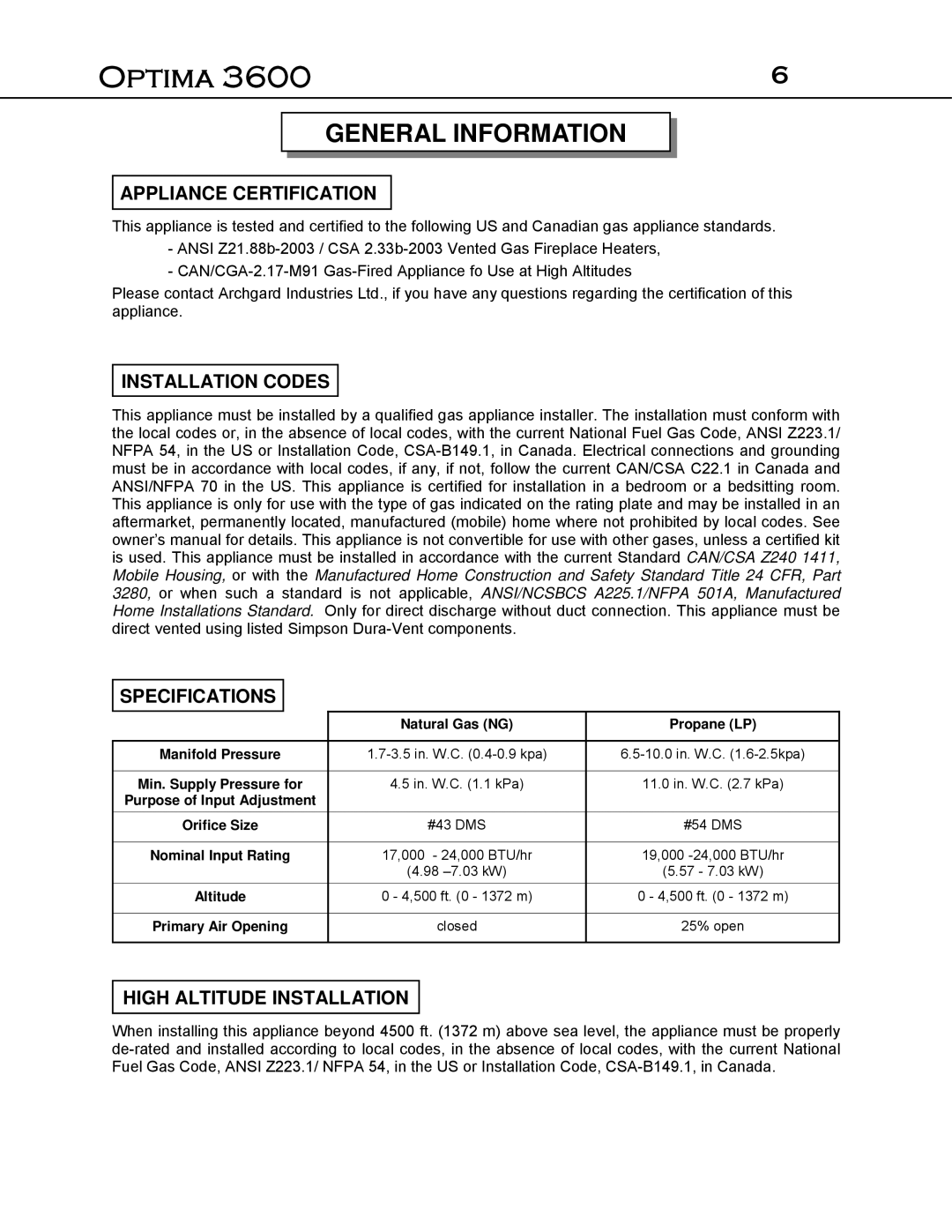 Optima Company Optima 3600O manual General Information, Appliance Certification, Installation Codes Specifications 