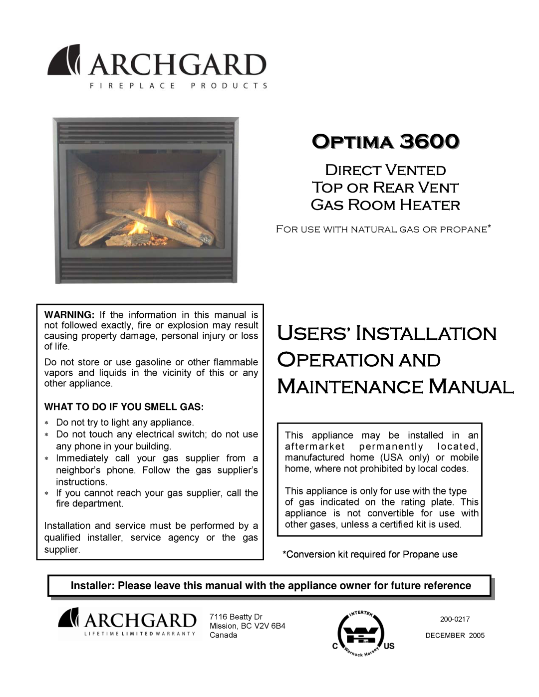 Optima Company Optima 3600O manual Users’ Installation Operation And, Maintenance Manual 