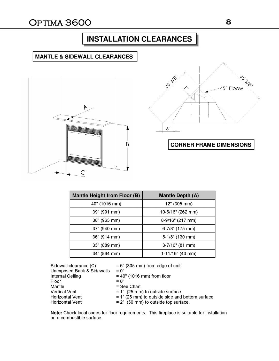 Optima Company Optima 3600O manual Installation Clearances, Mantle & Sidewall Clearances, Corner Frame Dimensions 
