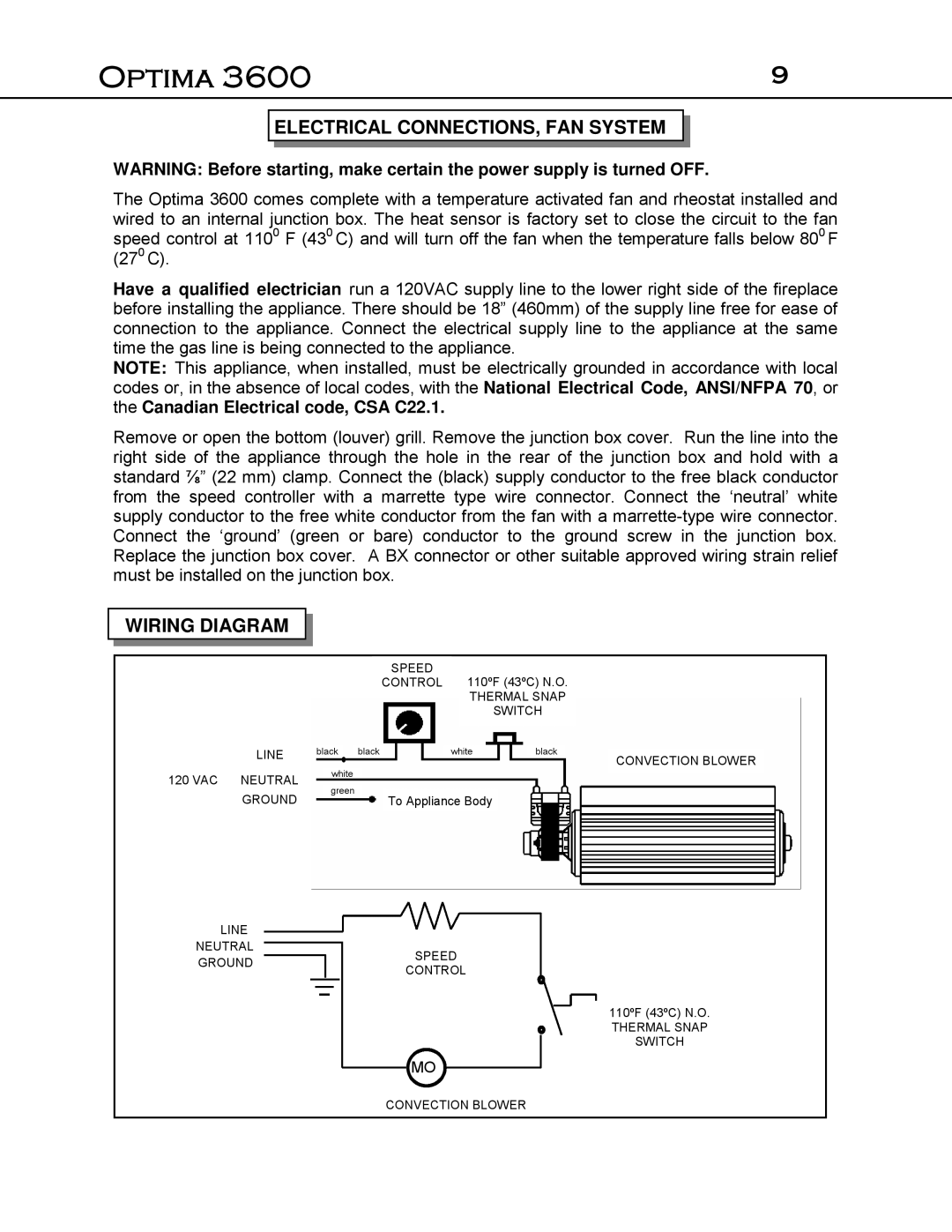 Optima Company Optima 3600O manual Electrical Connections, Fan System, Wiring Diagram, blackwhiteblack green 