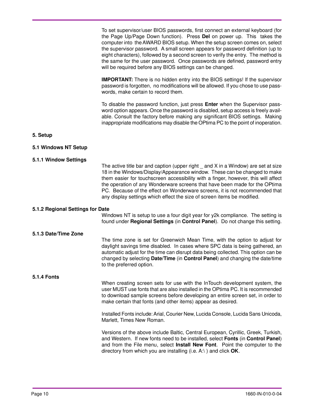 Optima Company PC Setup Windows NT Setup 5.1.1 Window Settings, Regional Settings for Date, Date/Time Zone, Fonts 