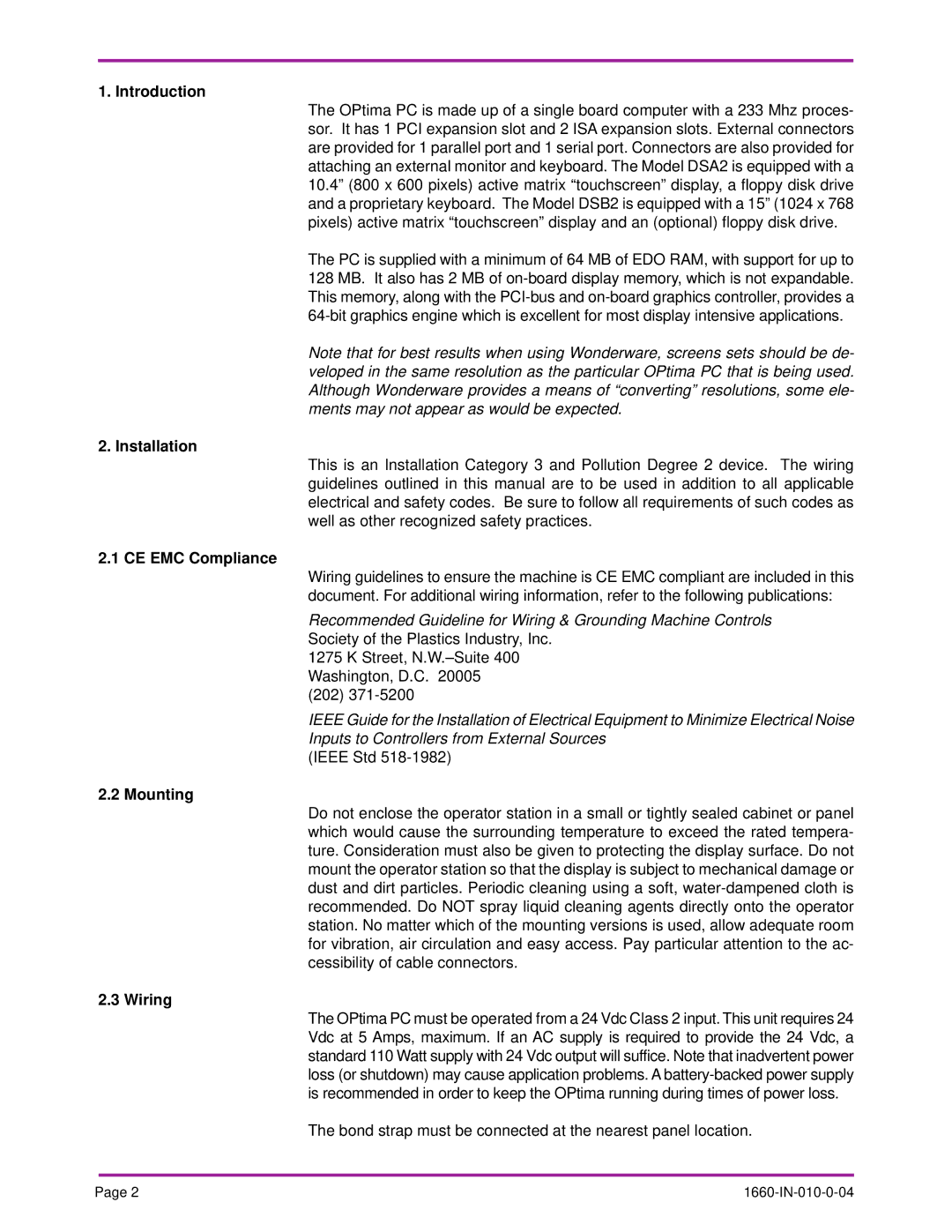 Optima Company PC specifications Introduction, Installation, CE EMC Compliance, Mounting, Wiring 