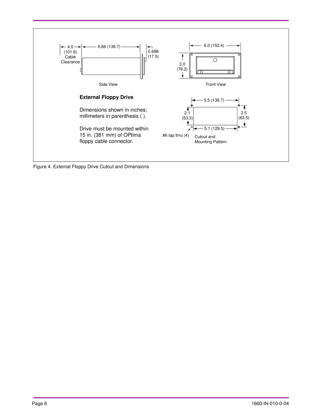 Optima Company PC specifications External Floppy Drive Cutout and Dimensions 