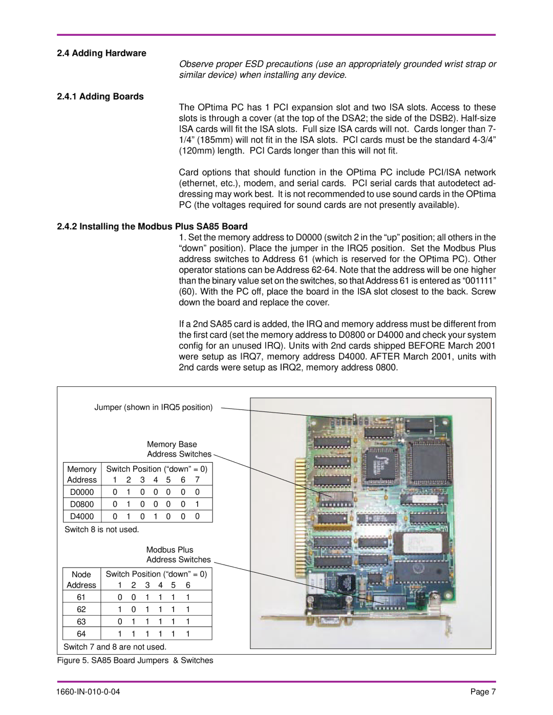 Optima Company PC specifications Adding Hardware, Adding Boards, Installing the Modbus Plus SA85 Board 