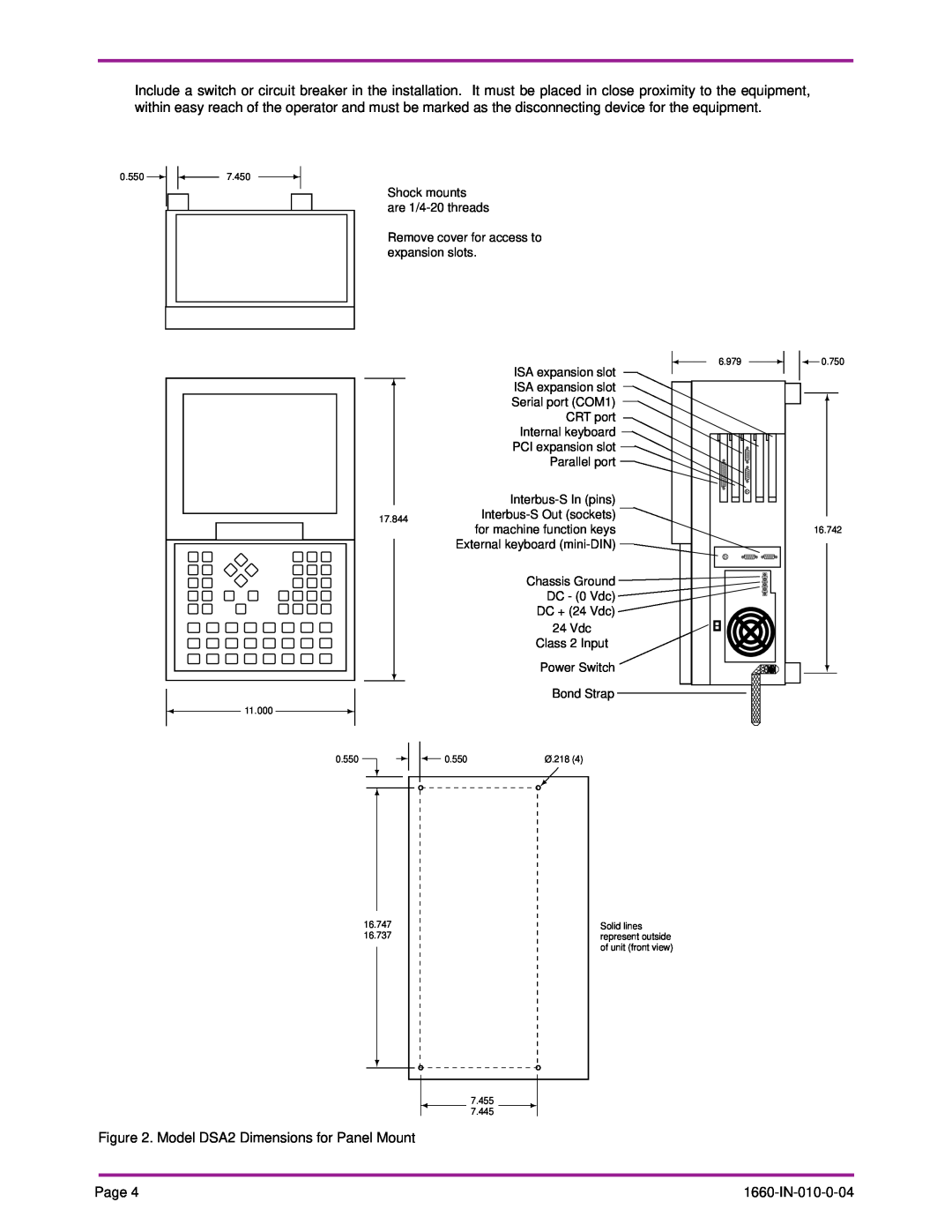 Optima Company PC specifications Model DSA2 Dimensions for Panel Mount 