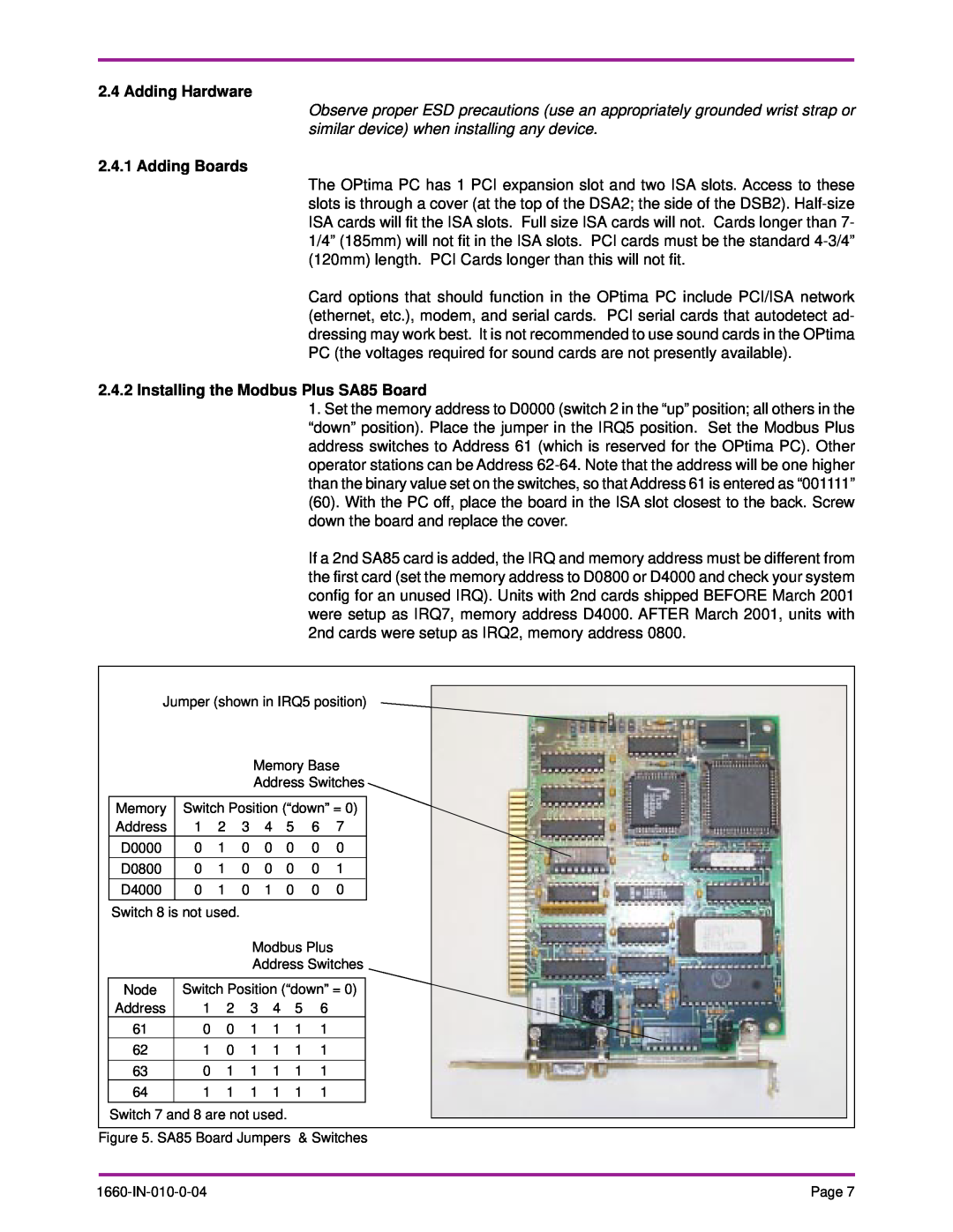 Optima Company PC specifications Adding Hardware, Adding Boards, Installing the Modbus Plus SA85 Board 