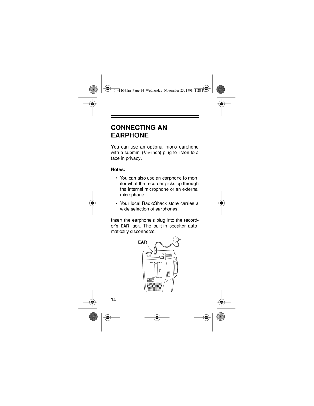 Optimus - Katadyn Products Inc Micro-37 owner manual Connecting AN Earphone 