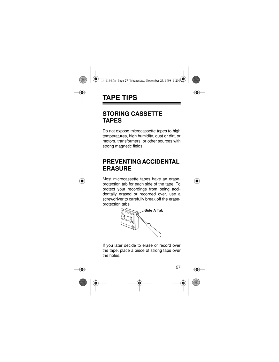 Optimus - Katadyn Products Inc Micro-37 owner manual Tape Tips, Storing Cassette Tapes, Preventing Accidental Erasure 