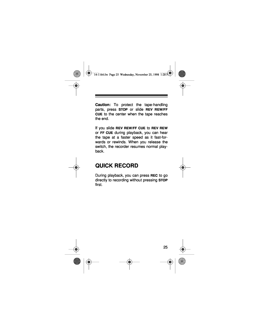 Optimus - Katadyn Products Inc Micro-37 owner manual Quick Record, If you slide REV REW/FF CUE to REV REW 