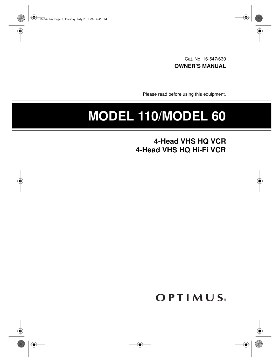 Optimus - Katadyn Products Inc MODEL 110/MODEL 60 owner manual Model 110/MODEL 