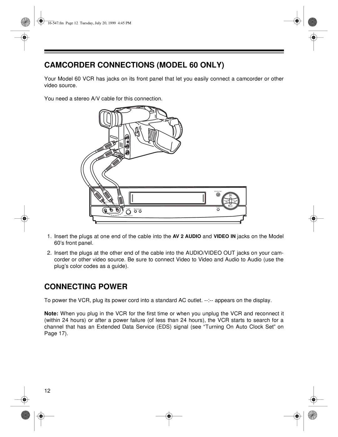 Optimus - Katadyn Products Inc MODEL 110/MODEL 60 owner manual Camcorder Connections Model 60 only, Connecting Power 