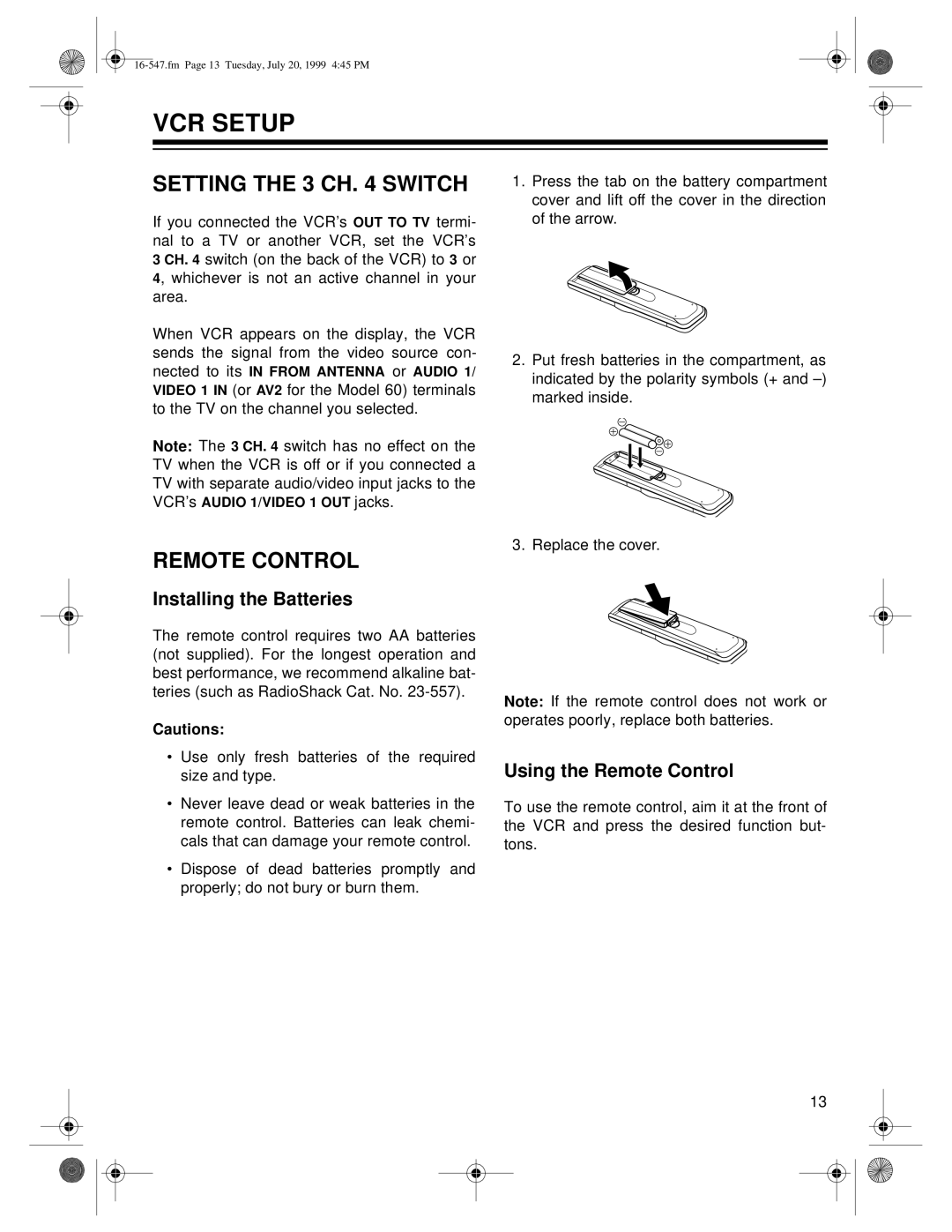 Optimus - Katadyn Products Inc MODEL 110/MODEL 60 owner manual VCR Setup, Setting the 3 CH Switch, Remote Control 