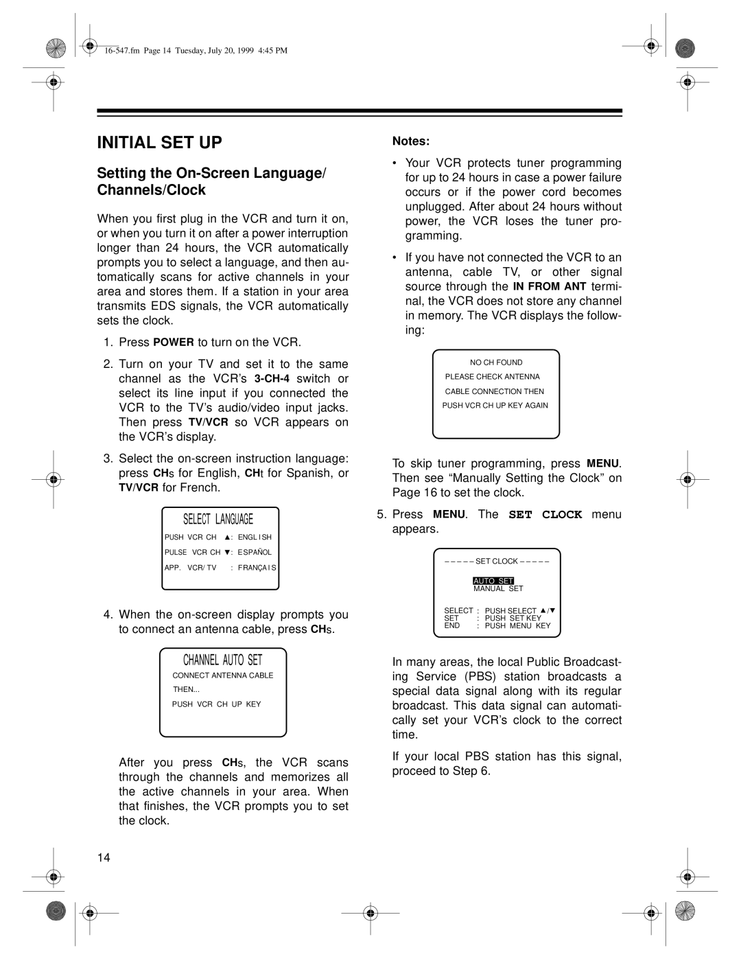 Optimus - Katadyn Products Inc MODEL 110/MODEL 60 Initial SET UP, Setting the On-Screen Language/ Channels/Clock 