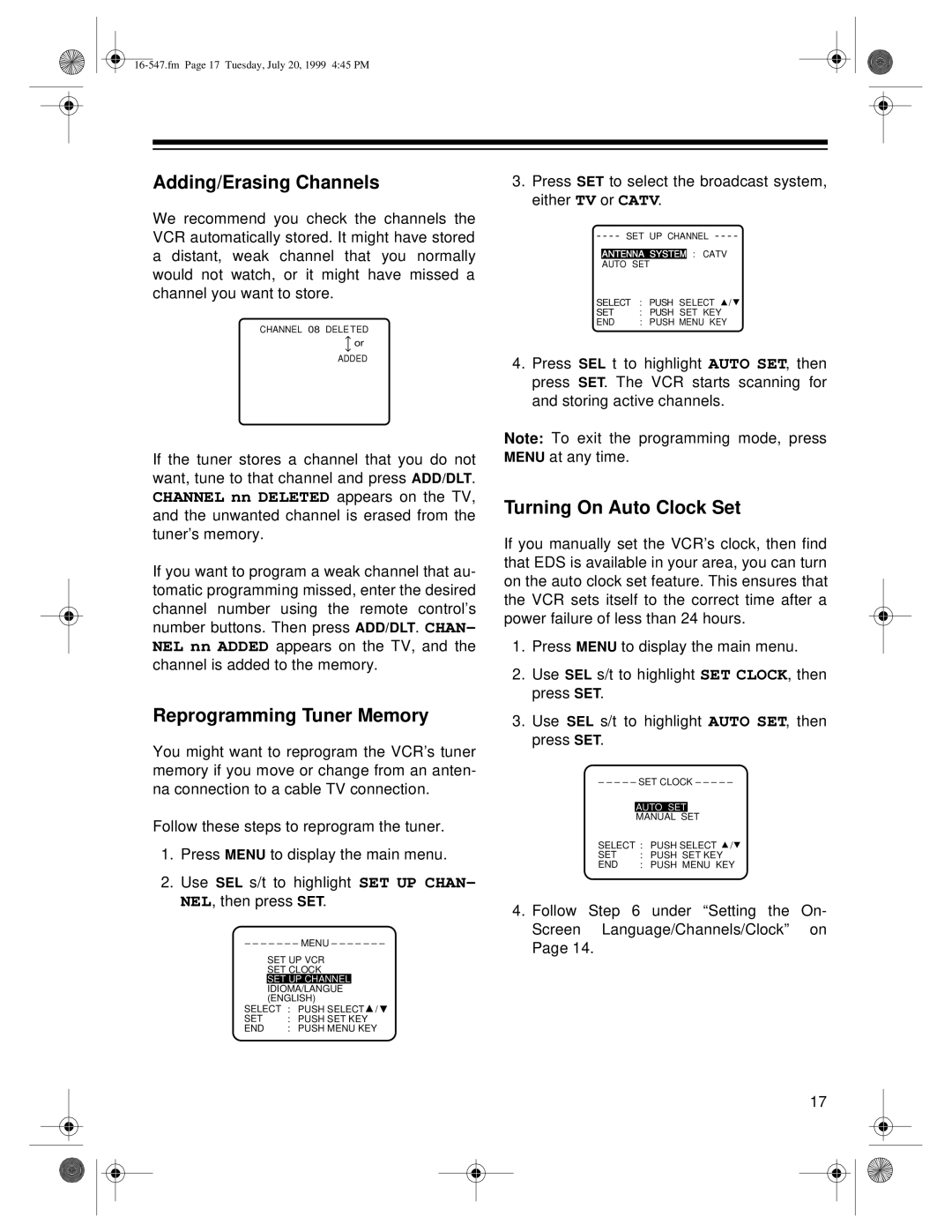 Optimus - Katadyn Products Inc MODEL 110/MODEL 60 owner manual Adding/Erasing Channels, Reprogramming Tuner Memory 