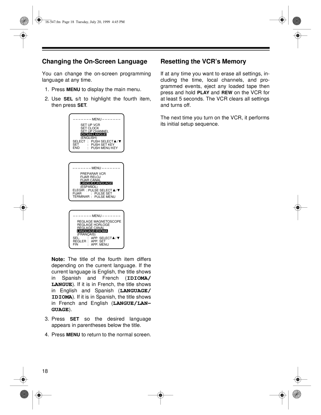 Optimus - Katadyn Products Inc MODEL 110/MODEL 60 owner manual Changing the On-Screen Language, Resetting the VCR’s Memory 