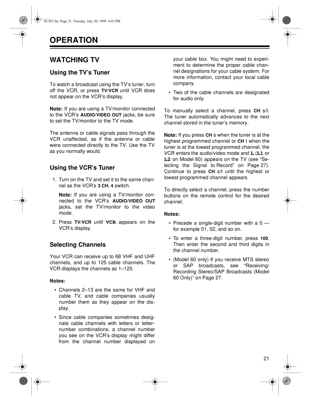 Optimus - Katadyn Products Inc MODEL 110/MODEL 60 Operation, Watching TV, Using the TV’s Tuner, Using the VCR’s Tuner 