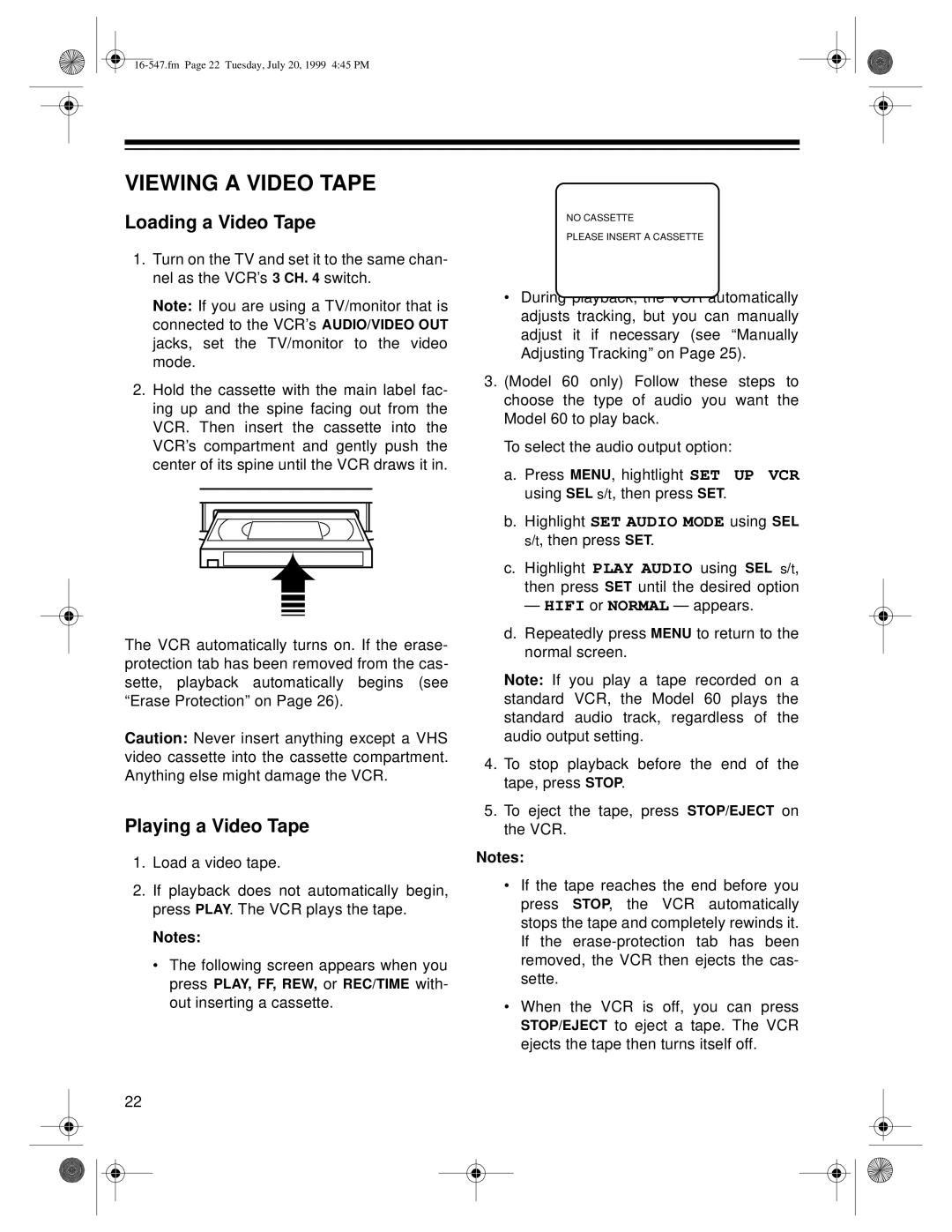 Optimus - Katadyn Products Inc MODEL 110/MODEL 60 Viewing a Video Tape, Loading a Video Tape, Playing a Video Tape 