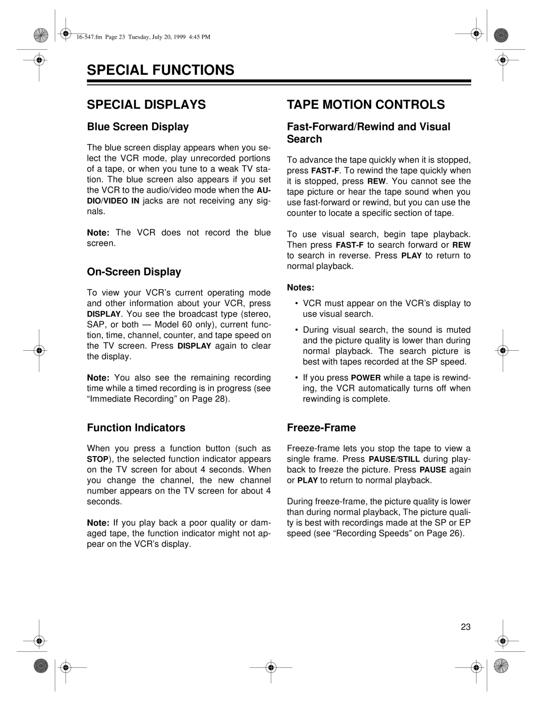 Optimus - Katadyn Products Inc MODEL 110/MODEL 60 owner manual Special Functions, Special Displays, Tape Motion Controls 