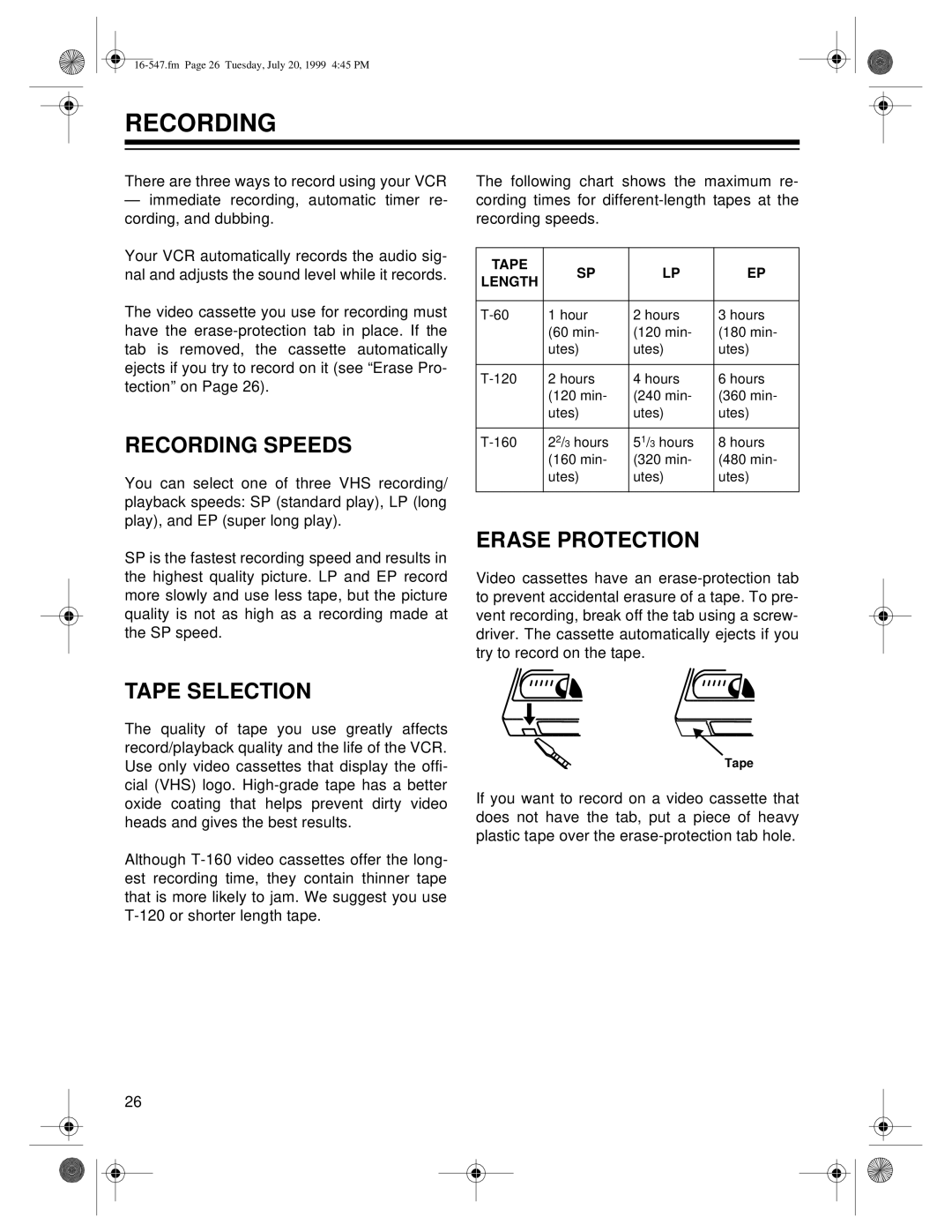 Optimus - Katadyn Products Inc MODEL 110/MODEL 60 owner manual Recording Speeds, Erase Protection, Tape Selection 