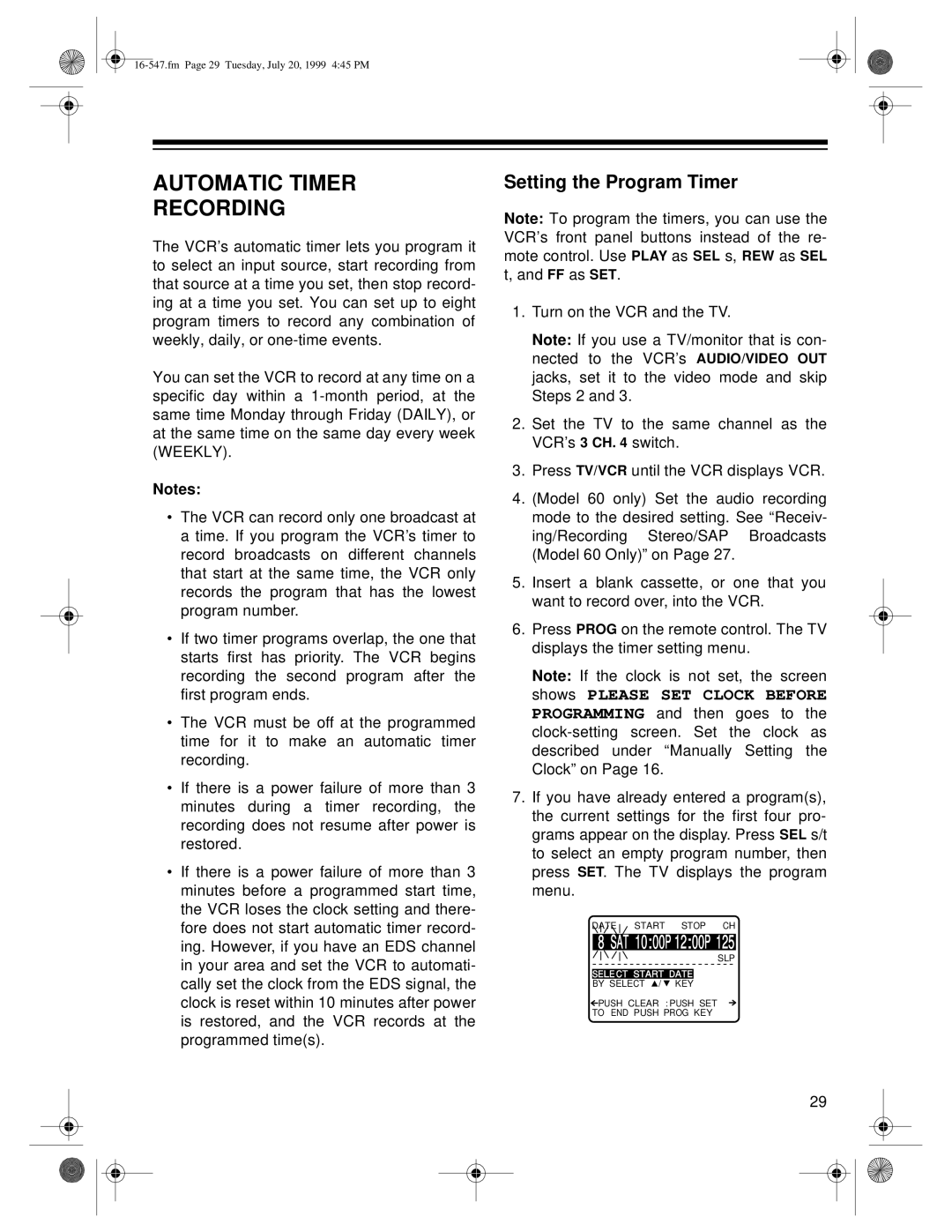 Optimus - Katadyn Products Inc MODEL 110/MODEL 60 owner manual Automatic Timer Recording, Setting the Program Timer 