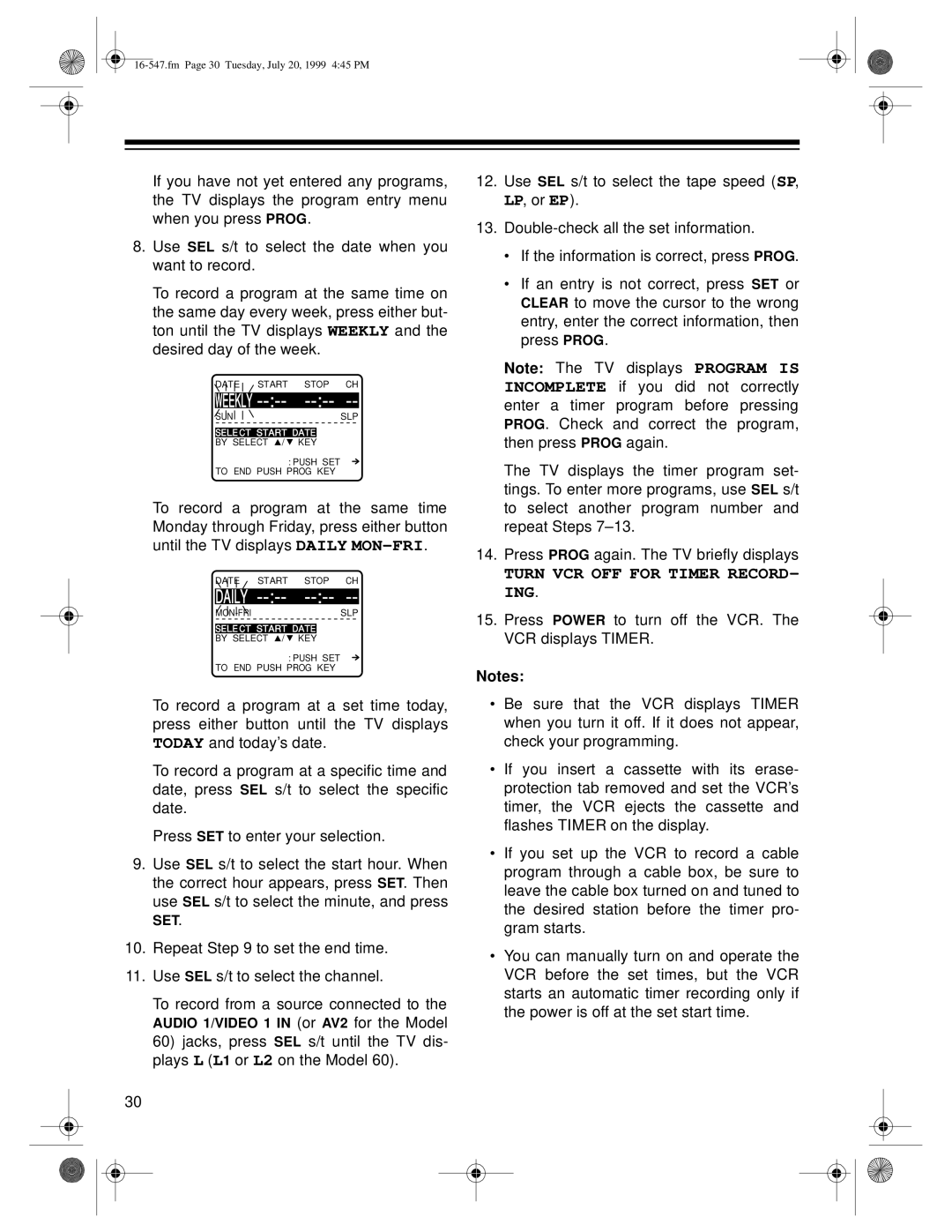 Optimus - Katadyn Products Inc MODEL 110/MODEL 60 owner manual Turn VCR OFF for Timer RECORD- ING 