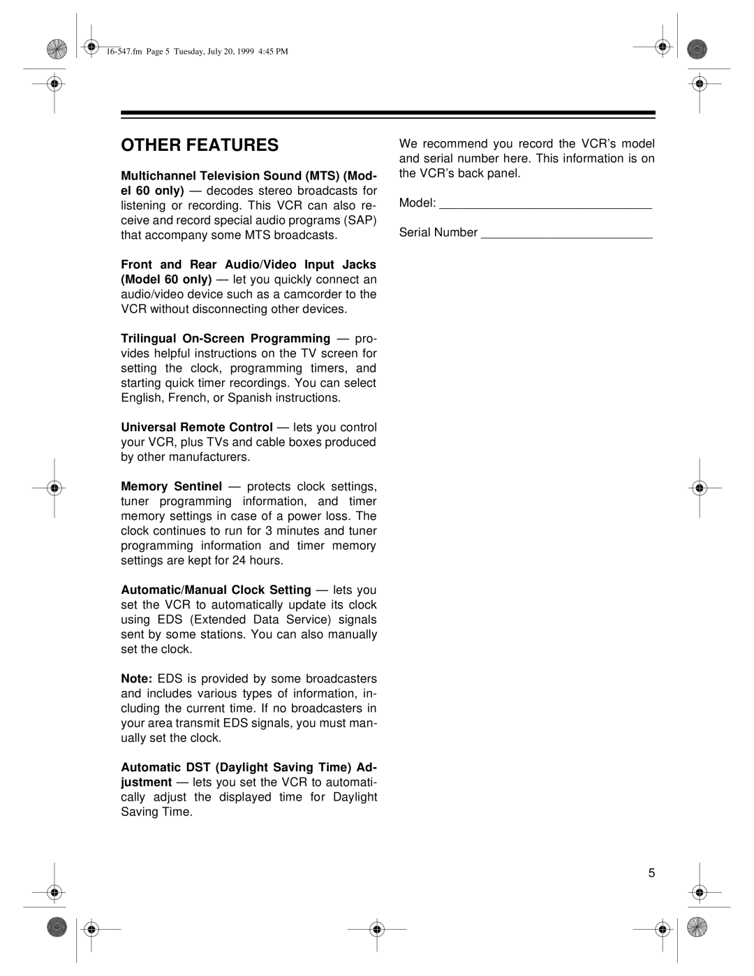 Optimus - Katadyn Products Inc MODEL 110/MODEL 60 owner manual Other Features, Multichannel Television Sound MTS Mod 