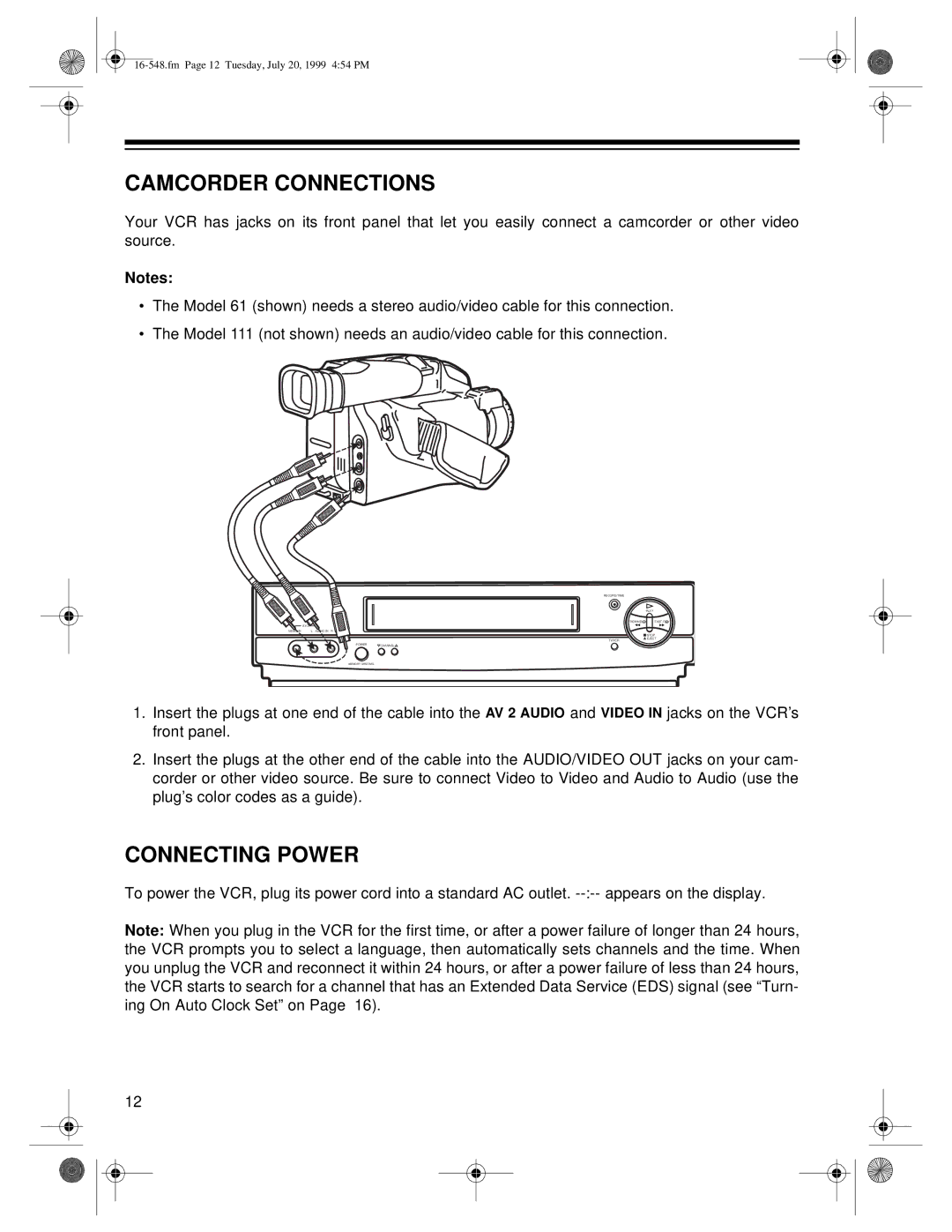 Optimus - Katadyn Products Inc MODEL 61, MODEL 111 owner manual Camcorder Connections, Connecting Power 