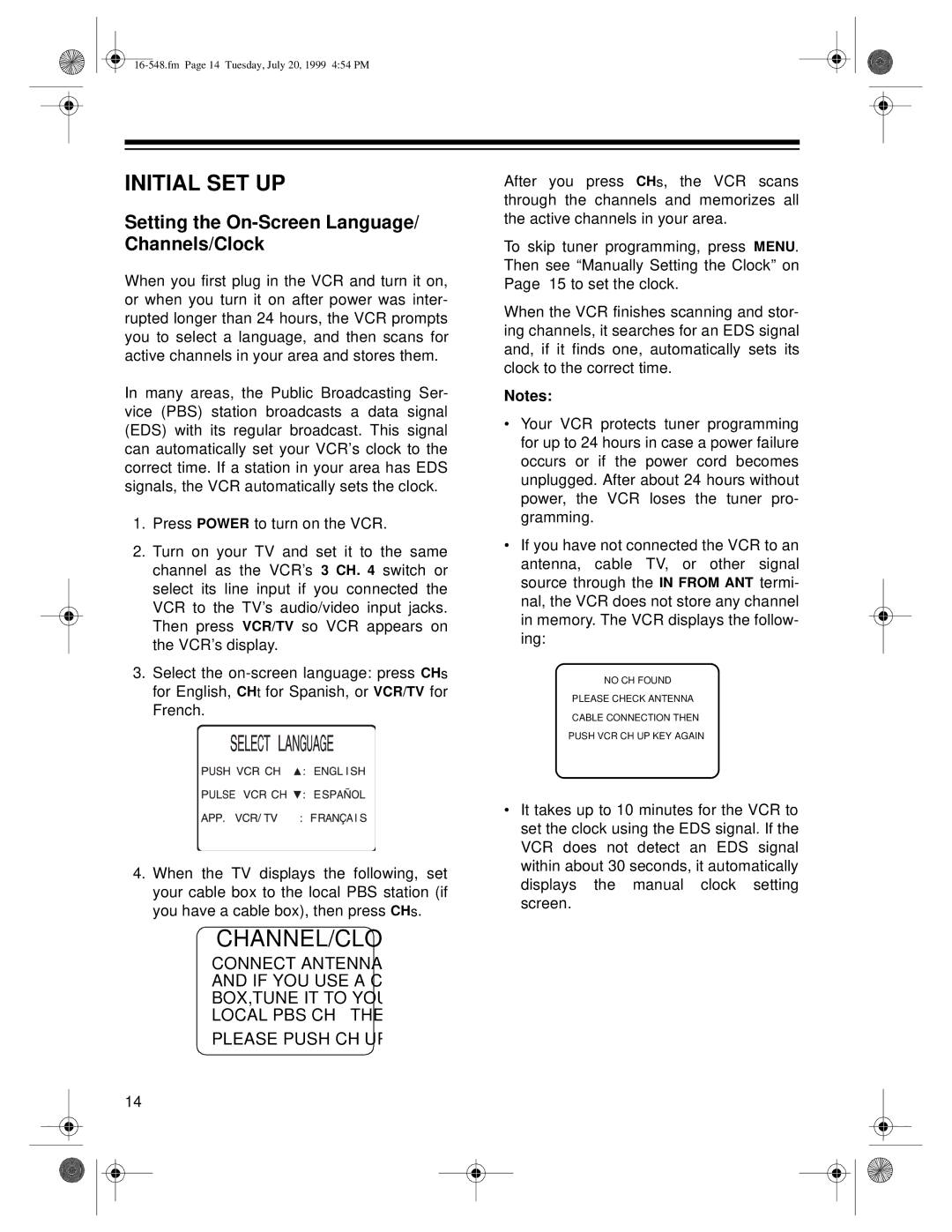 Optimus - Katadyn Products Inc MODEL 61, MODEL 111 Initial SET UP, Setting the On-Screen Language/ Channels/Clock 