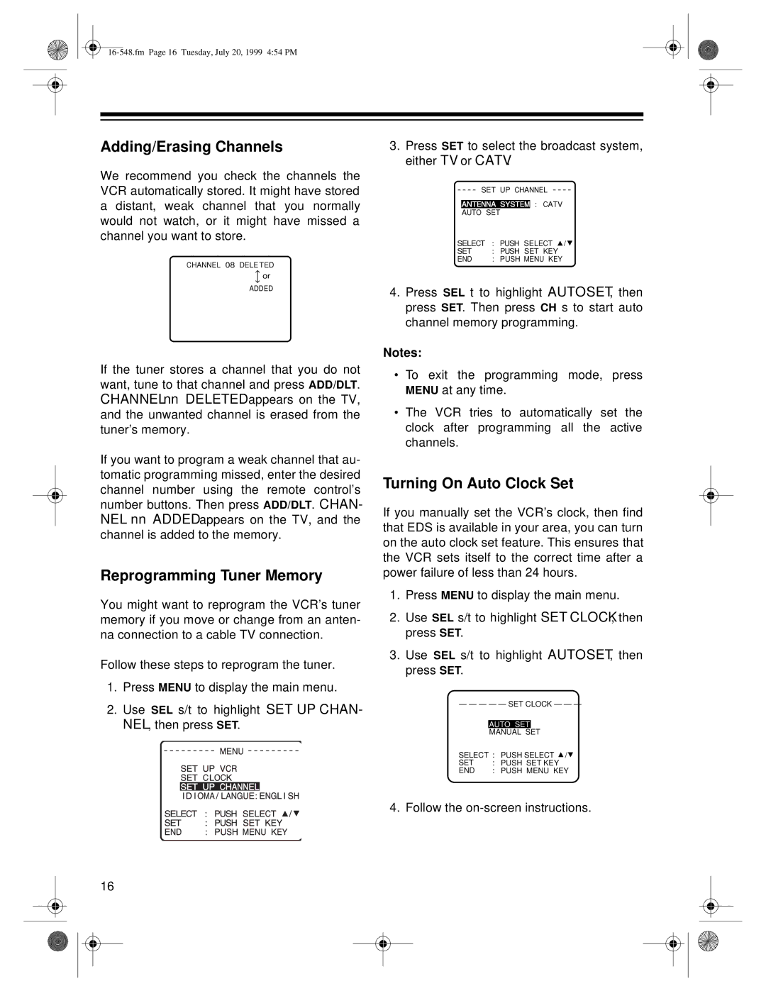 Optimus - Katadyn Products Inc MODEL 61 Adding/Erasing Channels, Reprogramming Tuner Memory, Turning On Auto Clock Set 