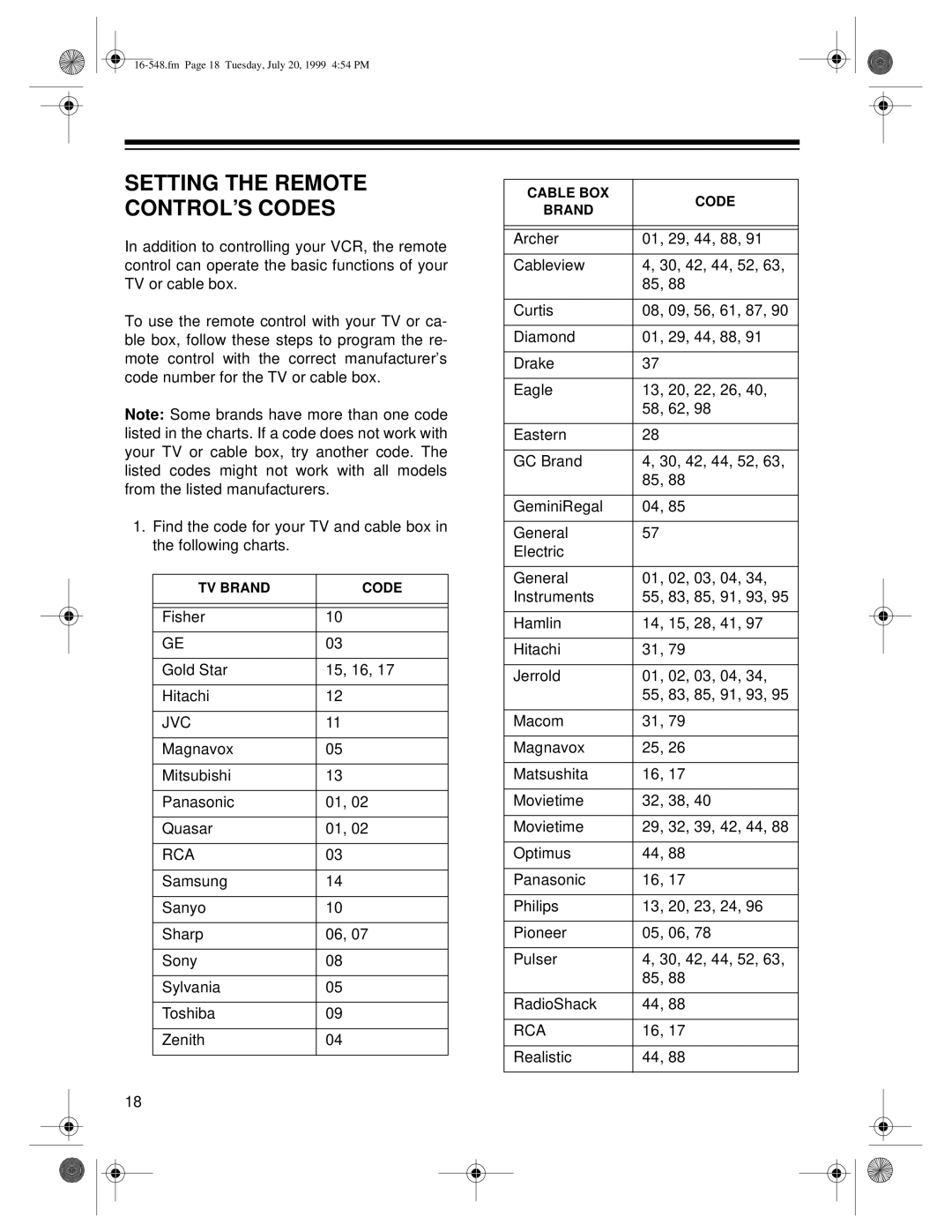 Optimus - Katadyn Products Inc MODEL 61, MODEL 111 owner manual Setting the Remote CONTROL’S Codes, Rca 