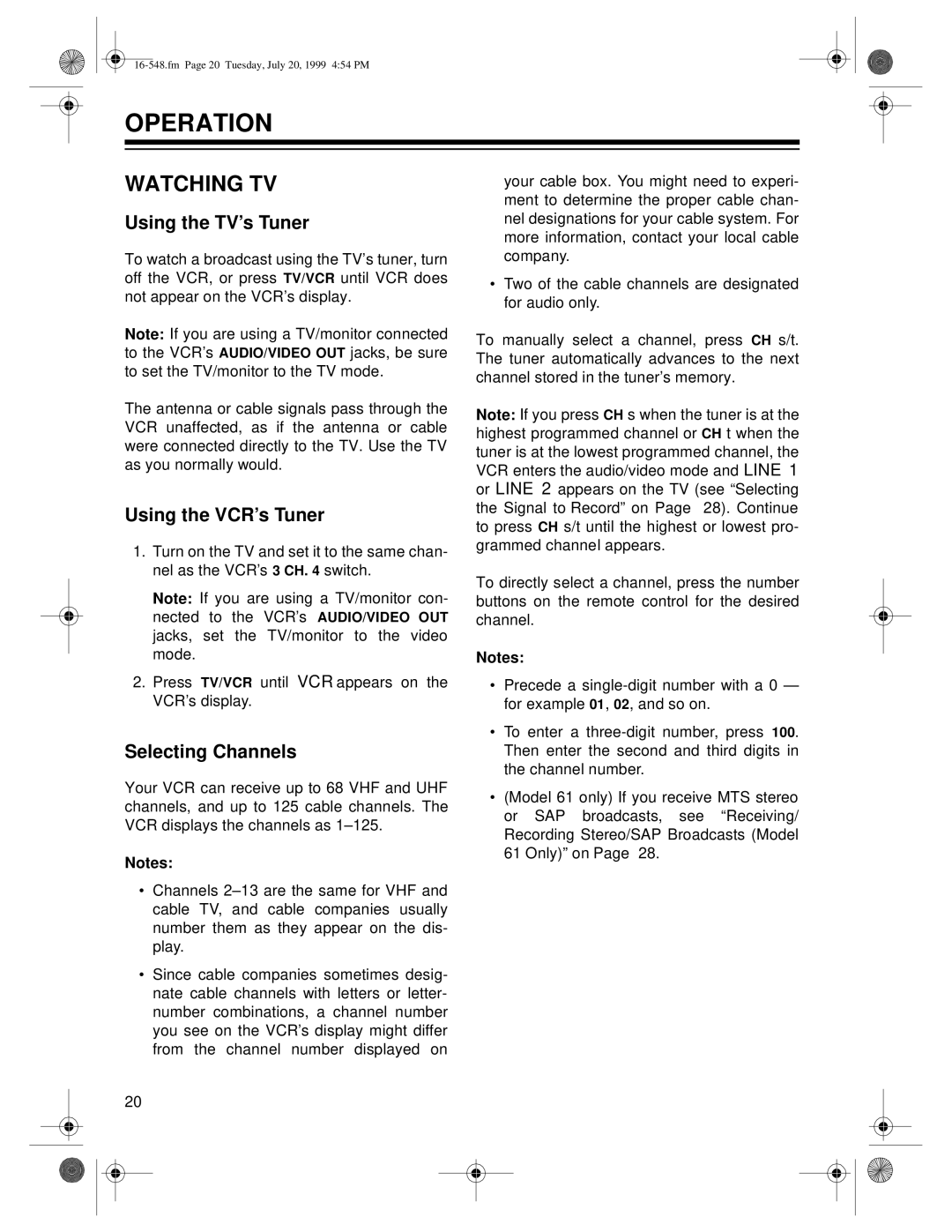 Optimus - Katadyn Products Inc MODEL 61, MODEL 111 Operation, Watching TV, Using the TV’s Tuner, Using the VCR’s Tuner 