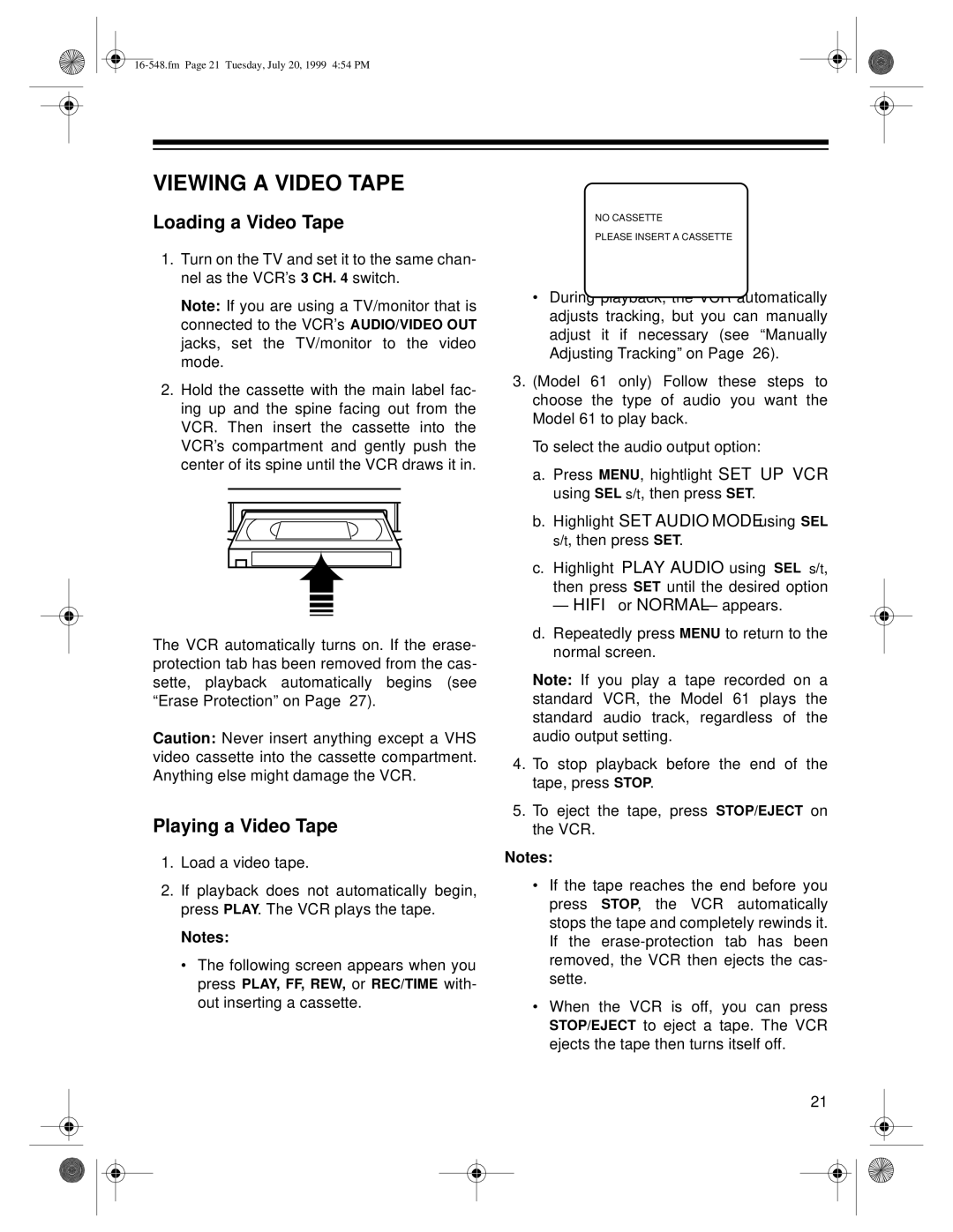 Optimus - Katadyn Products Inc MODEL 111, MODEL 61 Viewing a Video Tape, Loading a Video Tape, Playing a Video Tape 