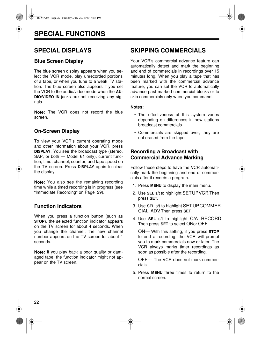 Optimus - Katadyn Products Inc MODEL 61, MODEL 111 owner manual Special Functions, Special Displays, Skipping Commercials 