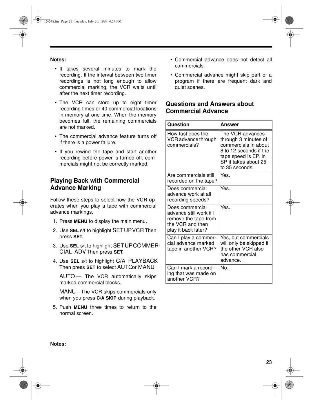 Optimus - Katadyn Products Inc MODEL 111, MODEL 61 owner manual Playing Back with Commercial Advance Marking 