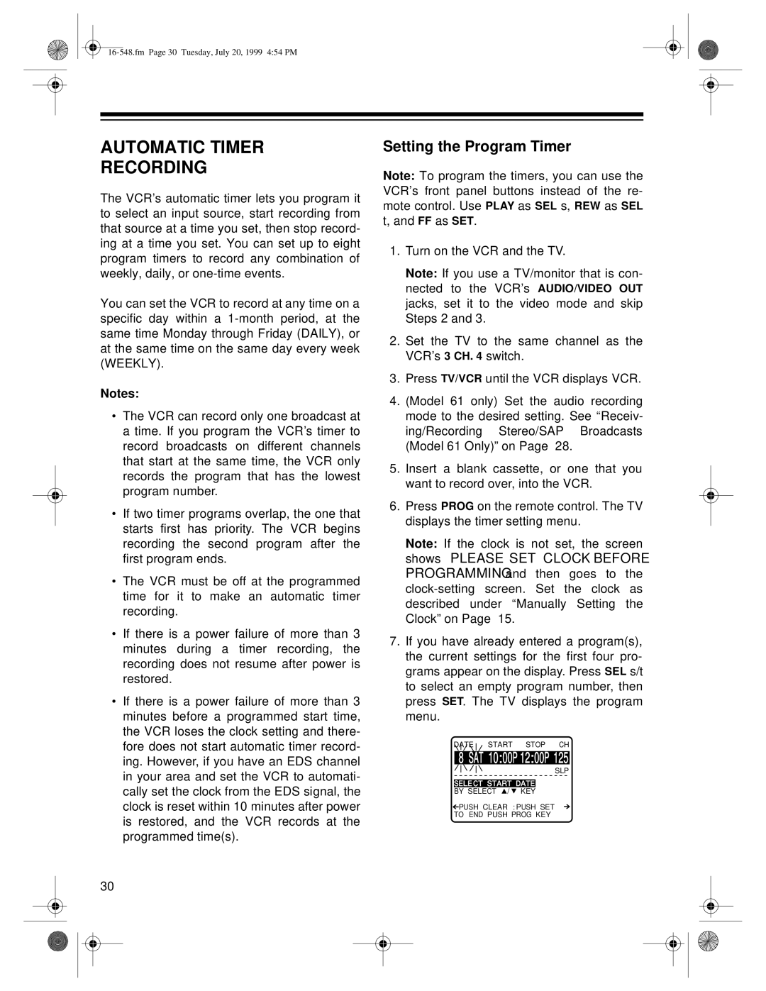 Optimus - Katadyn Products Inc MODEL 61, MODEL 111 owner manual Automatic Timer Recording, Setting the Program Timer 