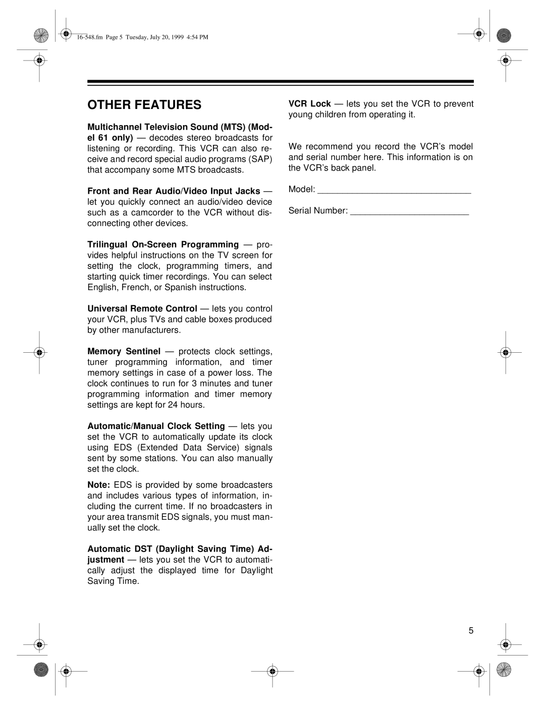 Optimus - Katadyn Products Inc MODEL 111, MODEL 61 owner manual Other Features, Multichannel Television Sound MTS Mod 