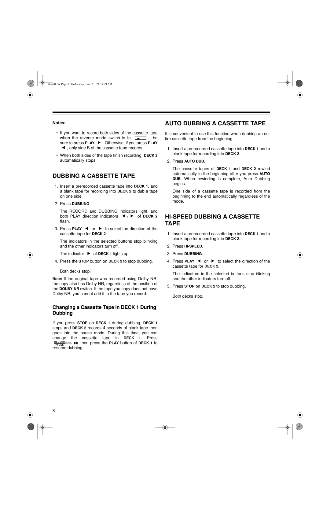 Optimus - Katadyn Products Inc SCT-540 owner manual Auto Dubbing a Cassette Tape, HI-SPEED Dubbing a Cassette Tape 