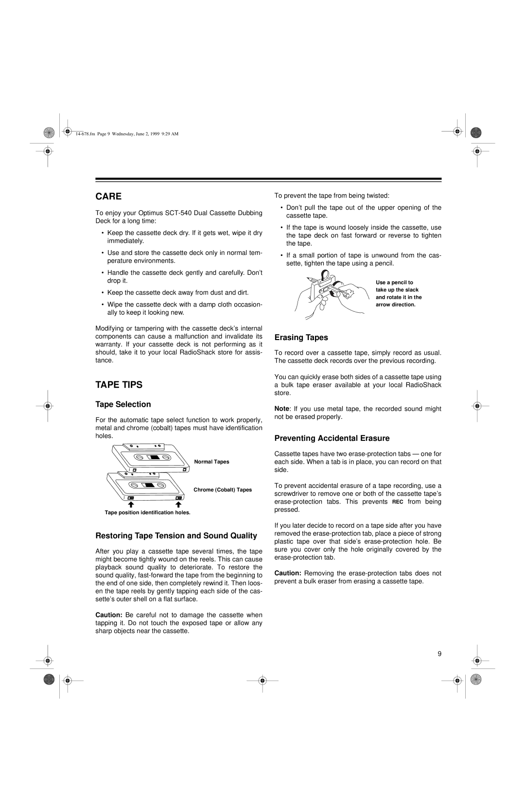 Optimus - Katadyn Products Inc SCT-540 owner manual Care, Tape Tips 