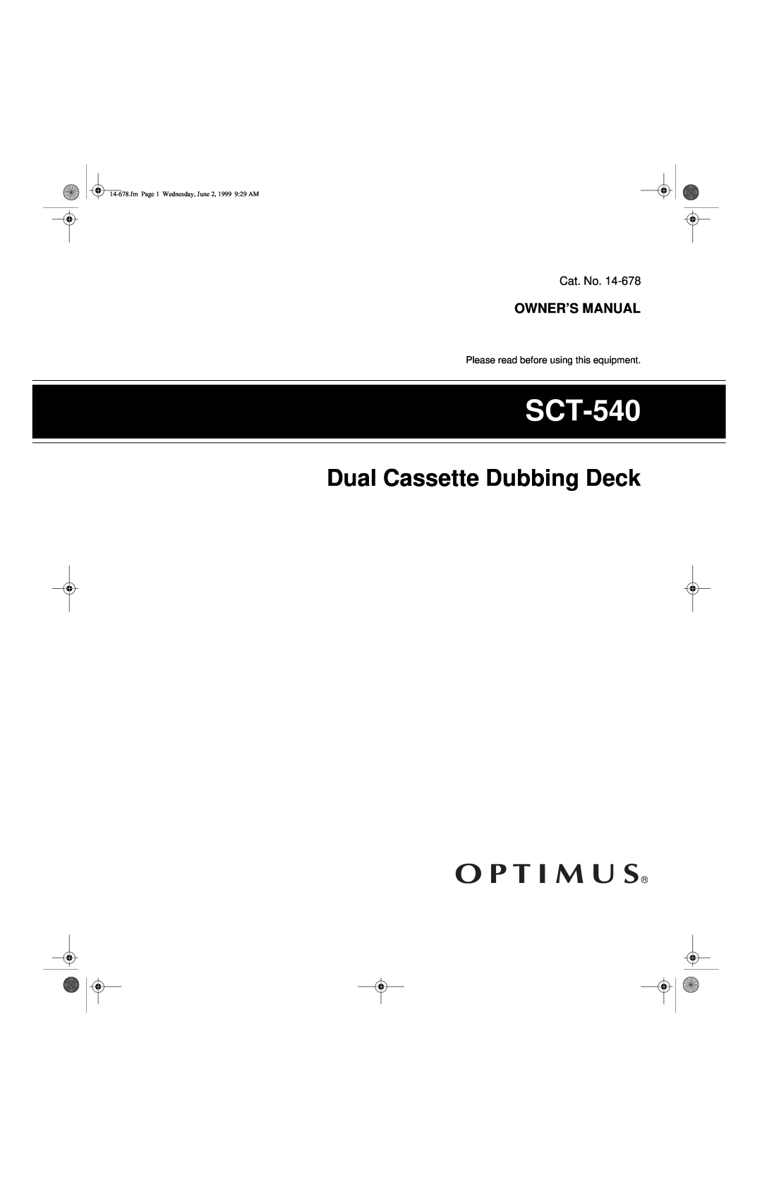 Optimus - Katadyn Products Inc SCT-540 owner manual Dual Cassette Dubbing Deck, Cat. No 