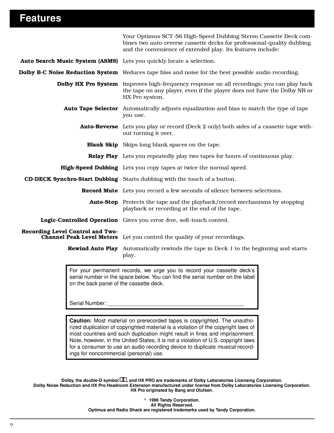 Optimus - Katadyn Products Inc SCT-56 owner manual Features, Dolby HX Pro System 