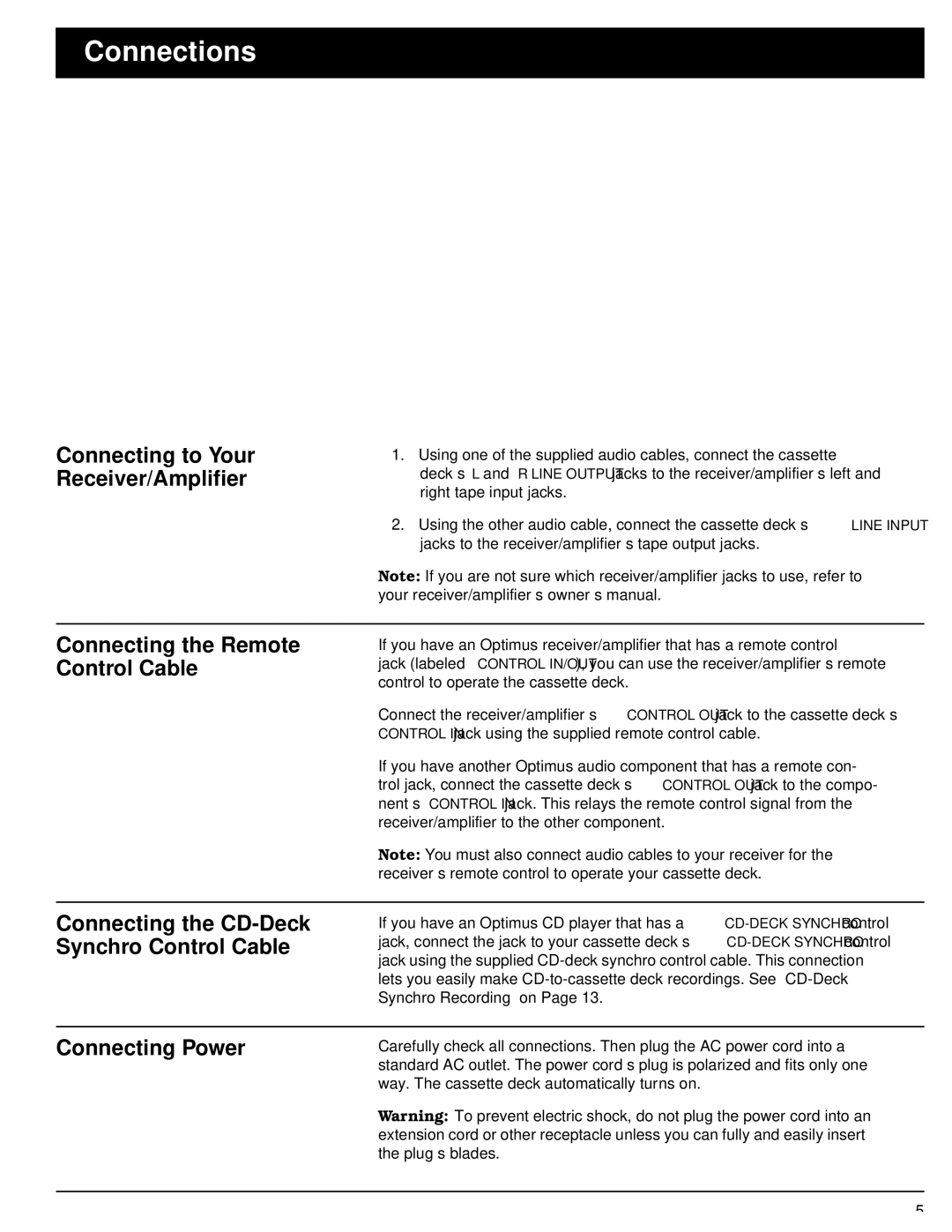 Optimus - Katadyn Products Inc SCT-56 owner manual Connections, Connecting the Remote Control Cable, Connecting Power 